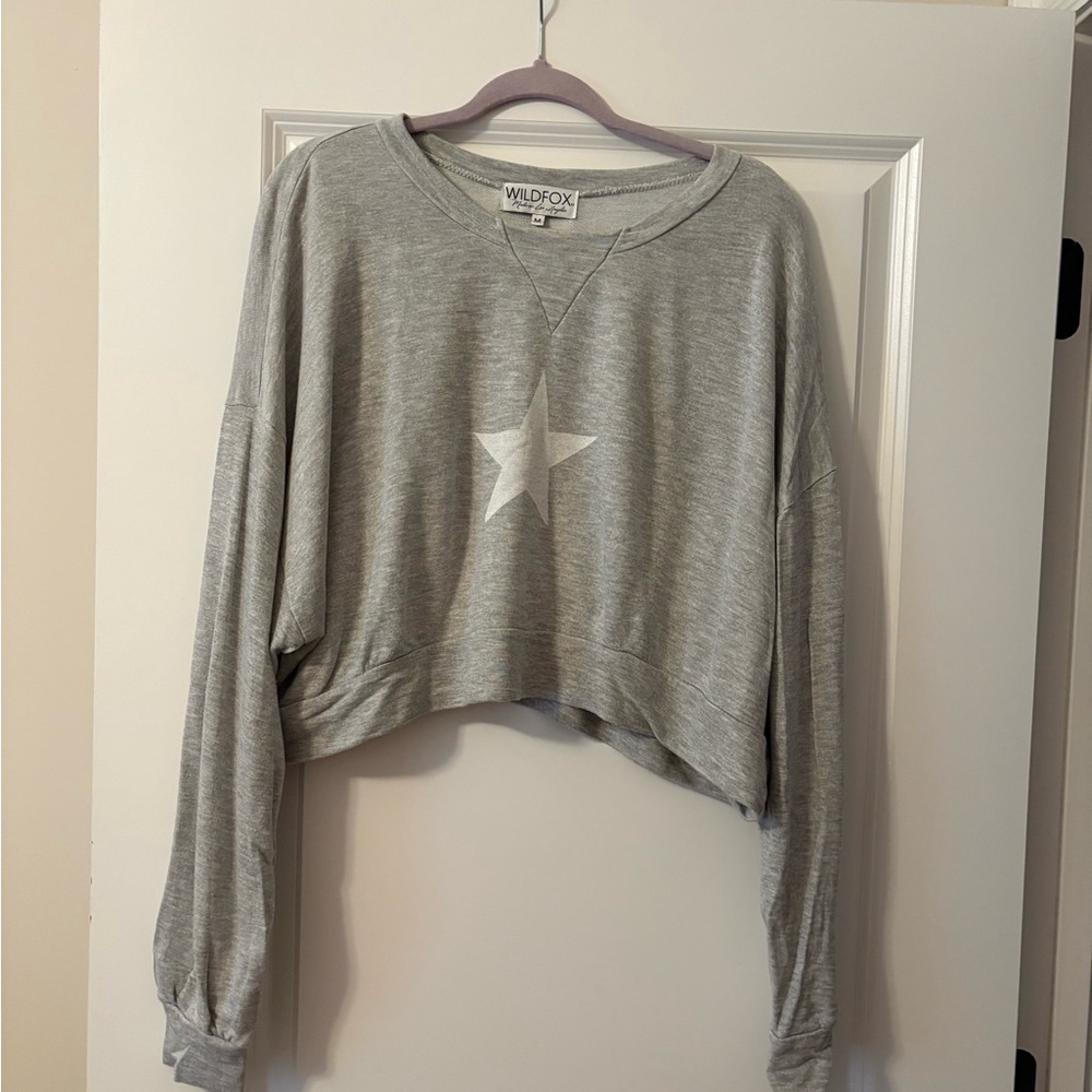 Wildfox Light Gray Cropped Sweatshirt with White Star